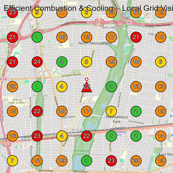 Efficient Combustion & Cooling Heating Contractor GeoGrid ranking map for Massapequa NY